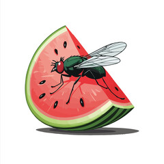 flat vector of a housefly landing on watermelon slice