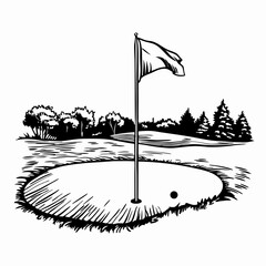 Golf flag waving in the breeze beside a golf ball on a putting green surrounded by trees representing sports and outdoor leisure activities.