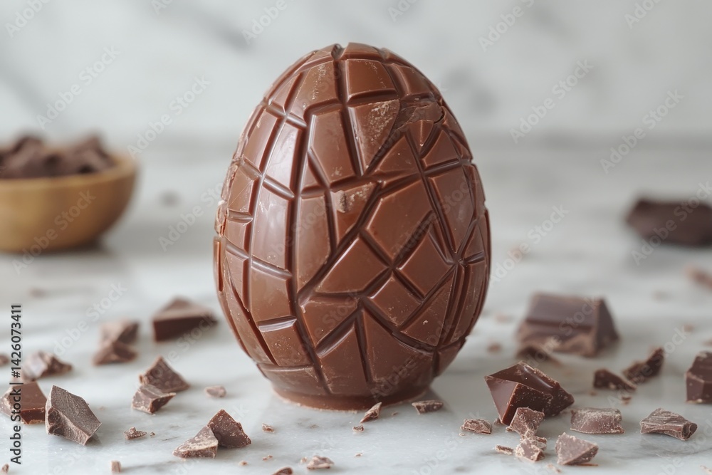 Aufkleber chocolate egg artfully crafted with geometric patterns and surrounded by chocolate fragments on a ma