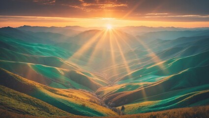 Spring sunlight illuminating panoramic mountain landscape with filter effect