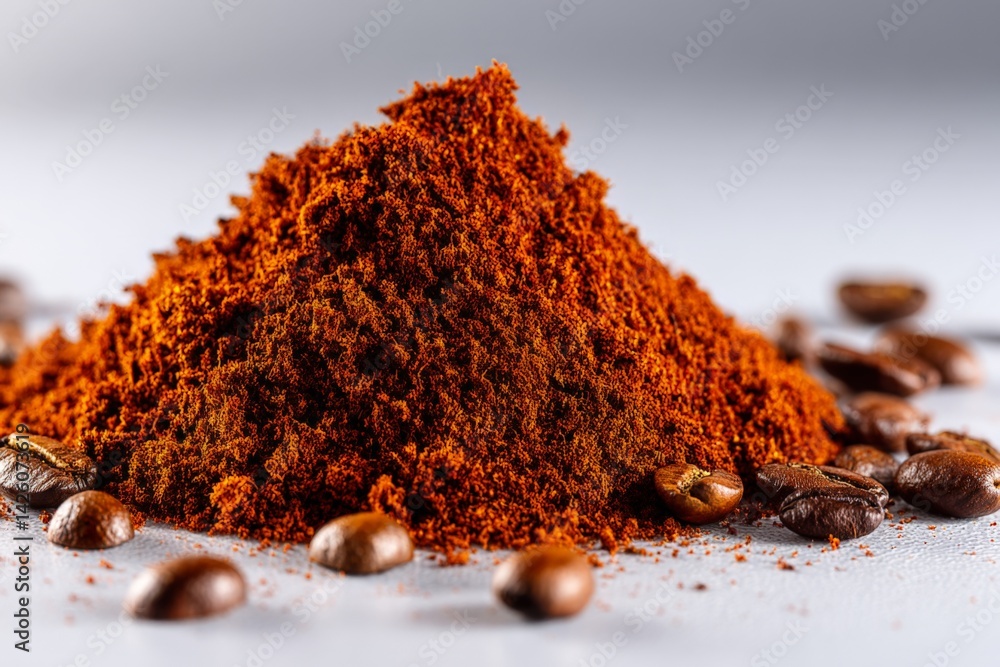Poster rich coffee grounds piled on a smooth surface with whole beans scattered around