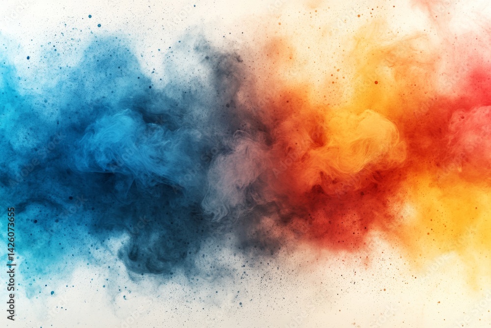 Poster close-up of a vibrant watercolor painting featuring dynamic blends of blue, red, and yellow in swirl