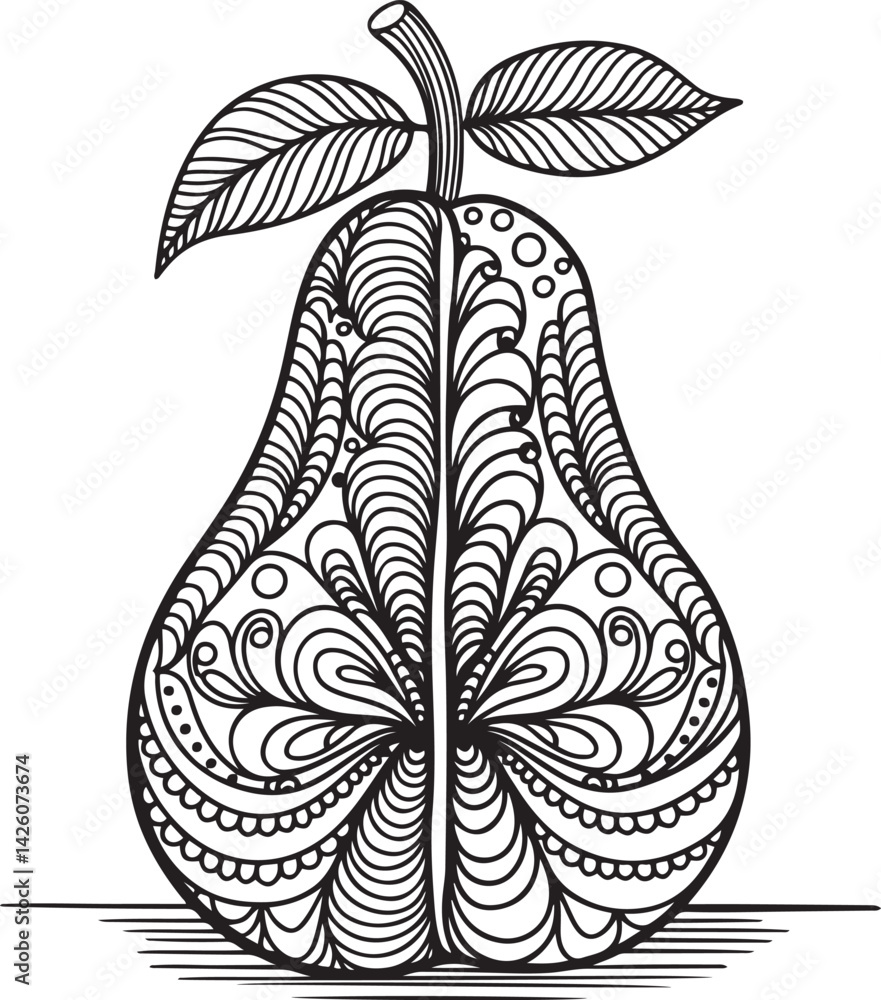 Poster decorative pear line art in zentangle style black and white with swirling patterns detailed elements