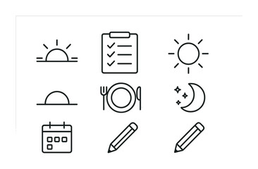 Daily routine linear icon set: sun, checklist, meal, moon, calendar, pencil