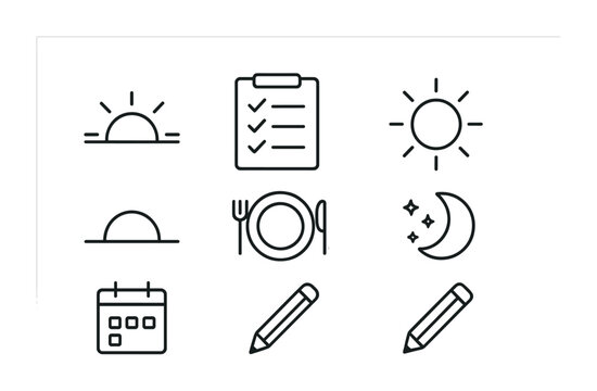 Daily routine linear icon set: sun, checklist, meal, moon, calendar, pencil