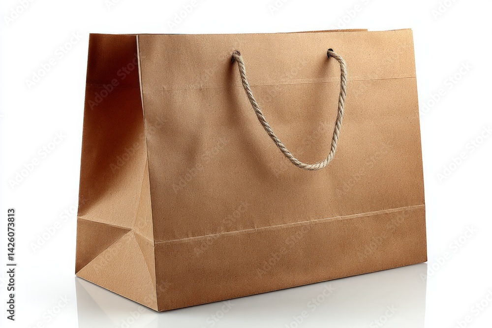 Poster brown paper shopping bag with twisted handles displayed on a white surface in a well-lit setting
