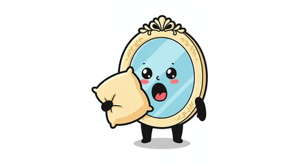 Naklejka premium Cute cartoon mirror character holding pillow