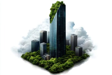 a 2D cartoon illustration of a modern skyscraper with a rooftop garden, green and urban, white background