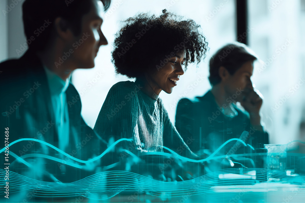 Poster blurred image of businesspeople collaborating, overlaid with teal data graphs, suggesting teamwork, 