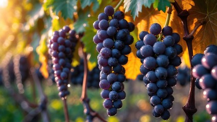 Garden scene featuring blue Isabella grapes on the vine