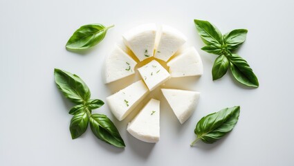 Slices of mozzarella cheese with fresh basil leaves isolated on a white background