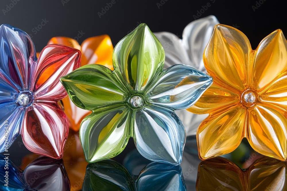 Poster Colorful glass flowers displayed on a reflective surface in a studio setting during daylight hours