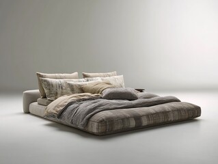 Modern minimalist bedroom setup featuring a large, unmade bed with textured pillows and blankets