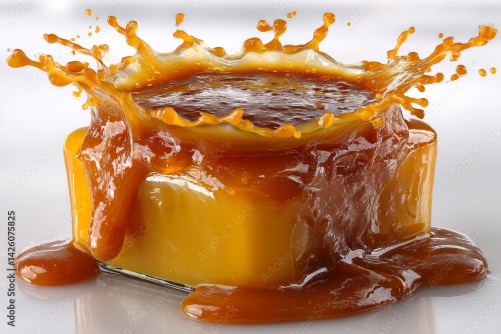 Poster Caramel sauce splashing over a glass jar creating an appetizing scene in bright light
