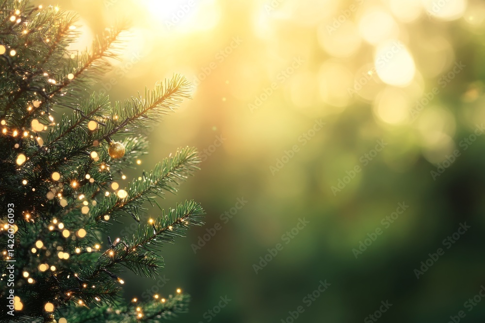 Aufkleber A close-up of a spruce branch decorated with twinkling string lights and golden ornaments, set against a lush green bokeh background, creating a festive atmosphere