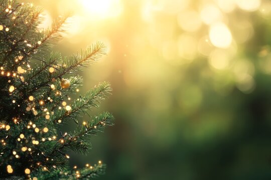 A close-up of a spruce branch decorated with twinkling string lights and golden ornaments, set against a lush green bokeh background, creating a festive atmosphere