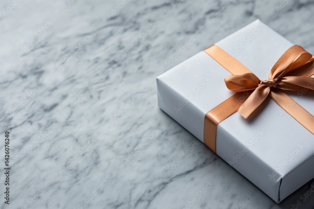 Poster a pristine white gift box adorned with a gold ribbon sits elegantly on a marble surface, creating a 