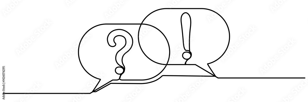 Poster speech bubbles with question and exclamation mark continuous one line drawing. chat linear symbol. d