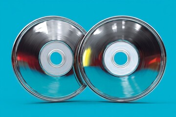 Collection of shiny CDs resting against a bright blue background showcasing their reflective surfaces