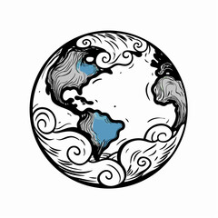 Fototapeta premium Artistic illustration of the Earth surrounded by swirling waves, representing the beauty and fragility of our planet in a creative style.