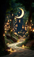 Obraz premium Enchanted moonlight pathway illuminated by magical lanterns in the serene forest scenery