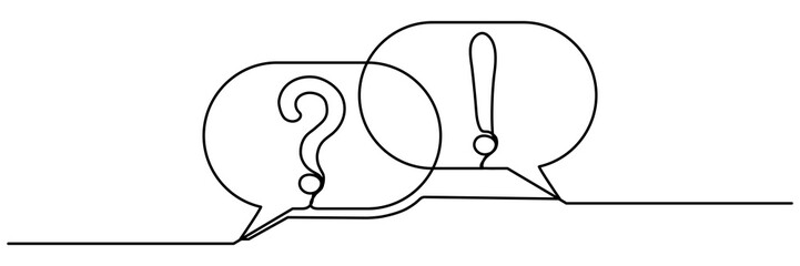 Speech bubbles with question and exclamation mark continuous one line drawing. Chat linear symbol. Dialogue sign. Vector illustration isolated on white.	