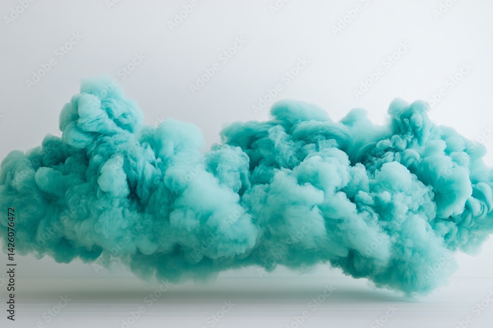 Poster a vibrant turquoise smoke plume swirls gracefully in mid-air, set against a stark white backdrop, cr