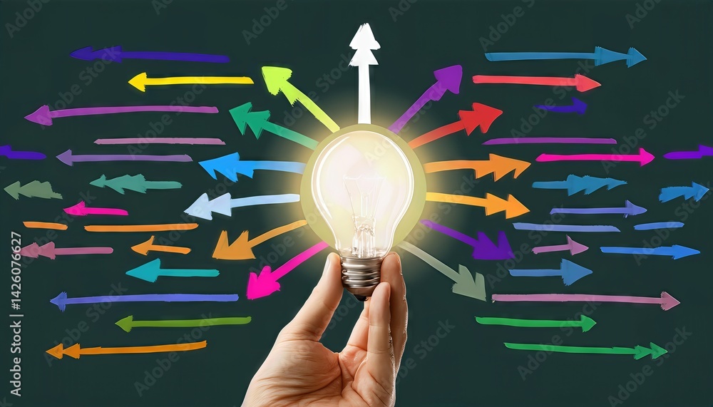 Poster vibrant kinetic energy captured glowing lightbulb emitting multidirectional arrows amidst a backdrop