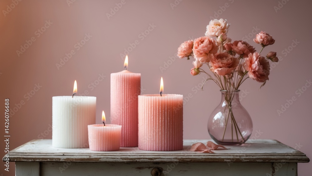 Poster three candles mockup on table with wall and dry flowers in background