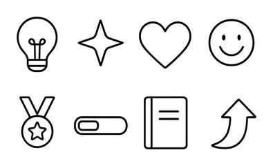 Basic outline icon set: lightbulb, star, heart, smile, medal, book, progress bar, arrow