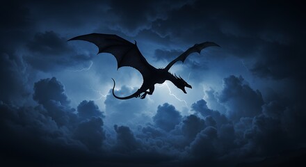 Fototapeta premium Dark dragon silhouette soaring stormy sky