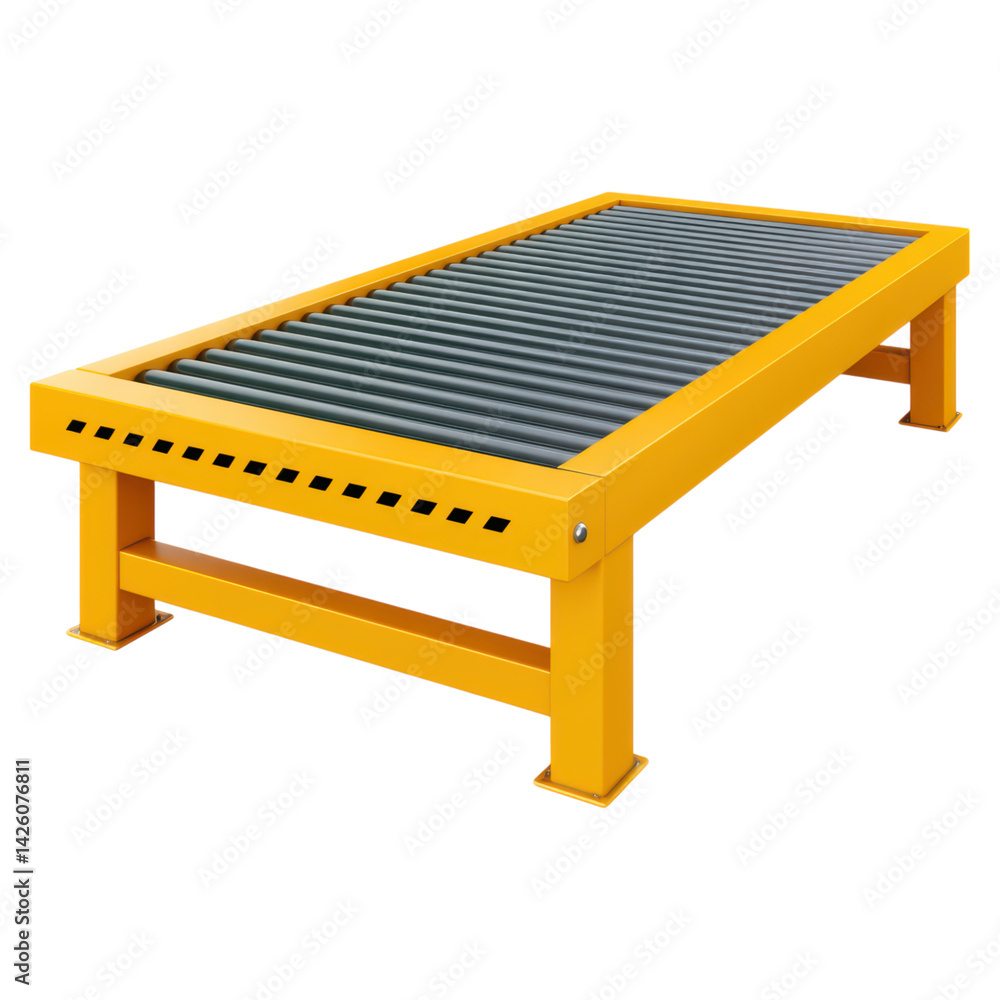 Poster yellow roller conveyor system for efficient material handling, isolated on transparent background.