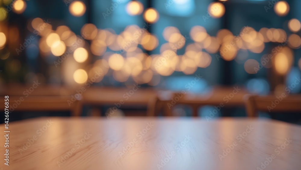 Aufkleber blurred wooden table background featuring dinner setting with bokeh lights for restaurant ambiance