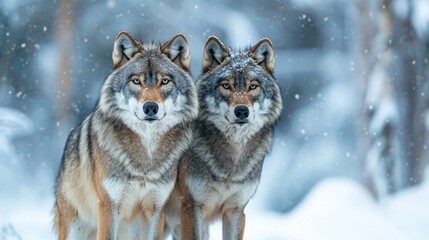 Two wolves in a cold winter forest
