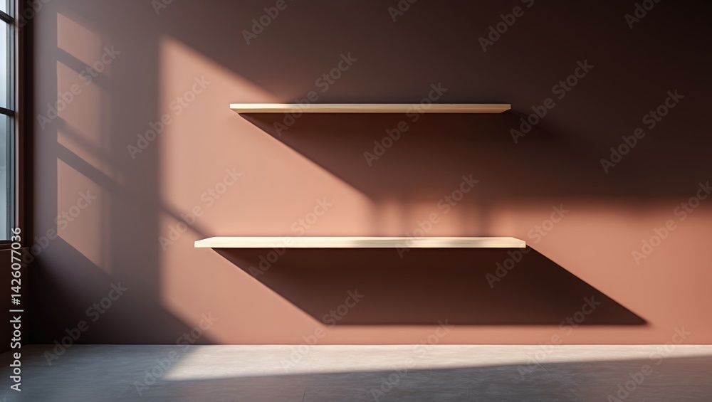 Aufkleber Empty wall-mounted table with window light and shadow background for presentation, branding, technology, or jewelry mockup