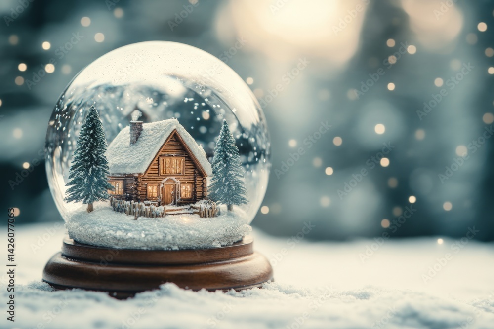 Poster snow globe featuring a cozy cabin in a winter wonderland with falling snowflakes and evergreen trees