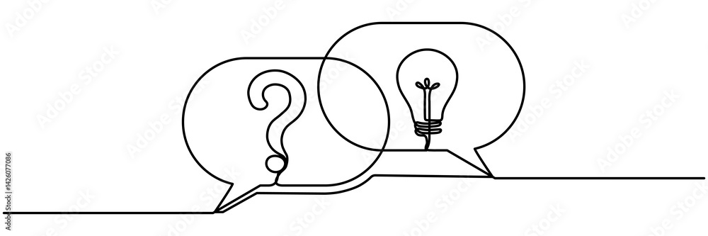 Poster speech bubbles with question mark and lightbulb continuous line art drawing. dialogue sign. creative