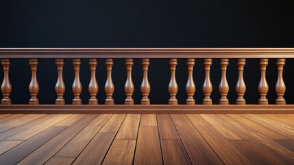 beautifully crafted wooden indoor balcony with polished floor, set against black background, exuding elegance and warmth. intricate details of railing enhance aesthetic appeal