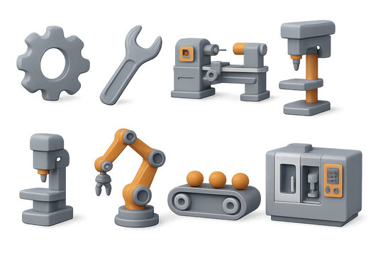 Industrial equipment icon set &ndash; 3d style machinery and manufacturing symbols for factory automation: gear, wrench, lathe, drill press, robotic arm, conveyor belt, cnc machine