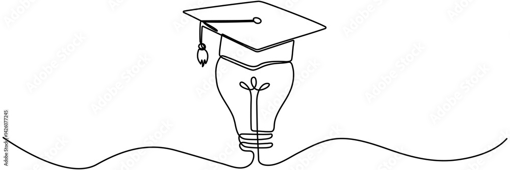 Poster lightbulb with graduation cap continuous line drawing. creative smart idea concept. vector illustrat