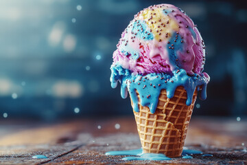 Colorful Ice Cream Cone Melting Delight. A delicious ice cream cone with multiple colorful scoops, beautifully melting on a wooden surface. It creates a dreamy, artistic aesthetic.