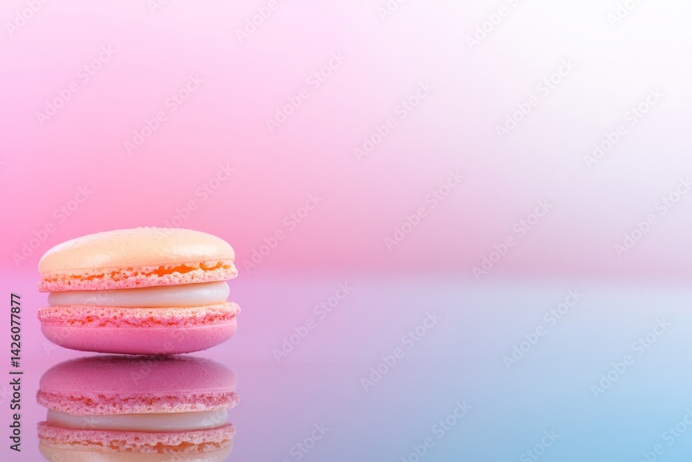 Poster a colorful macaron hovers gracefully above a reflective surface, casting soft shadows while a dreamy