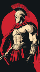 Fototapeta premium Dynamic Spartan Warrior Illustration with Helmet and Red Cape in Heroic Pose