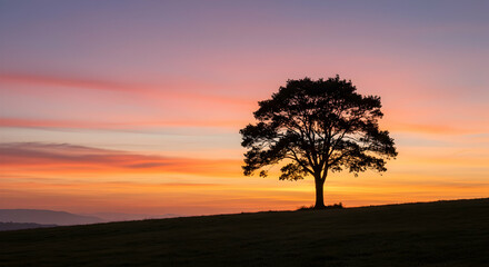Obraz premium Serene sunset landscape solitary tree silhouette nature photography golden hour vibrant colors peaceful scenery inspiring image