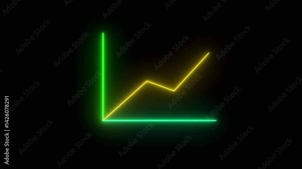 Poster glowing neon increase business graph arrow chart animation icon on black background.glowing neon up 