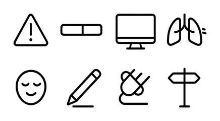 Obraz premium Essential outline icons set: computer, lungs, alert, pencil, cafe, location, zen