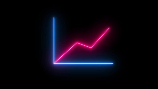 Glowing neon increase business graph arrow chart animation icon on black background.Glowing neon up down business graph animation with arrow and black background.