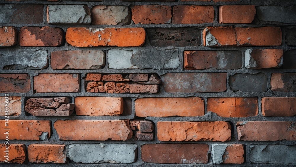 Poster detailed view of a rustic brick wall highlighting diverse textures, colors, and patterns in aged bri
