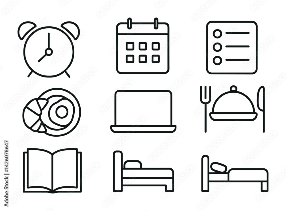 Poster monochrome daily routine icons set: linear style with various activity symbols