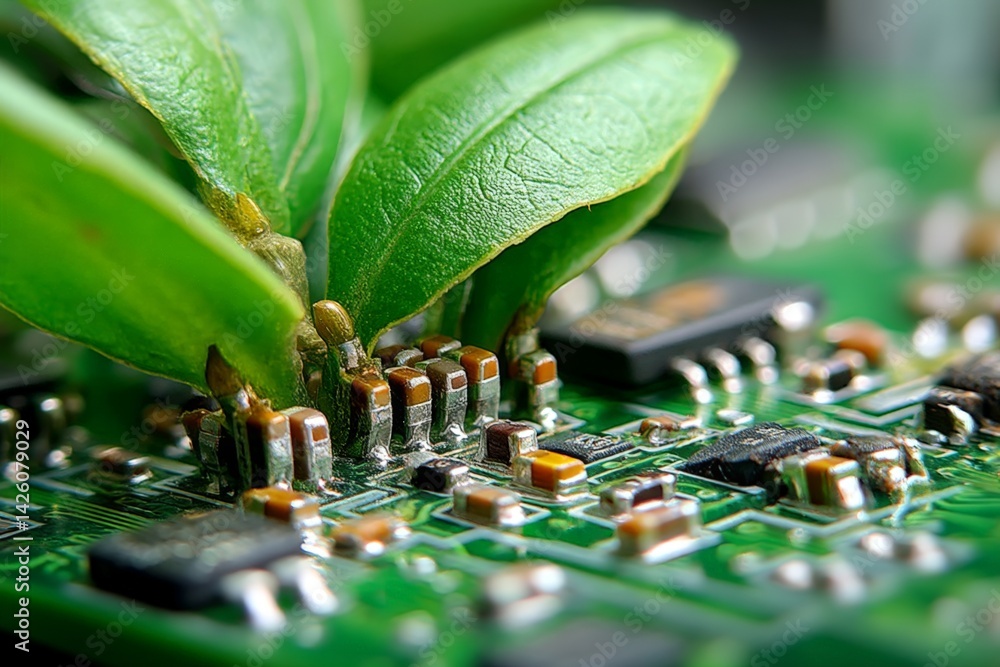 Poster technology and nature coexist as green plants sprout from a circuit board in a close-up view